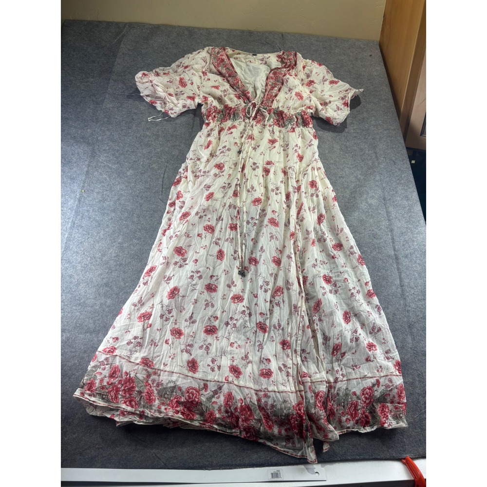 Free People Floral Maxi Dress Smocked Waist Boho V-Neck Coastal Womens L SEE